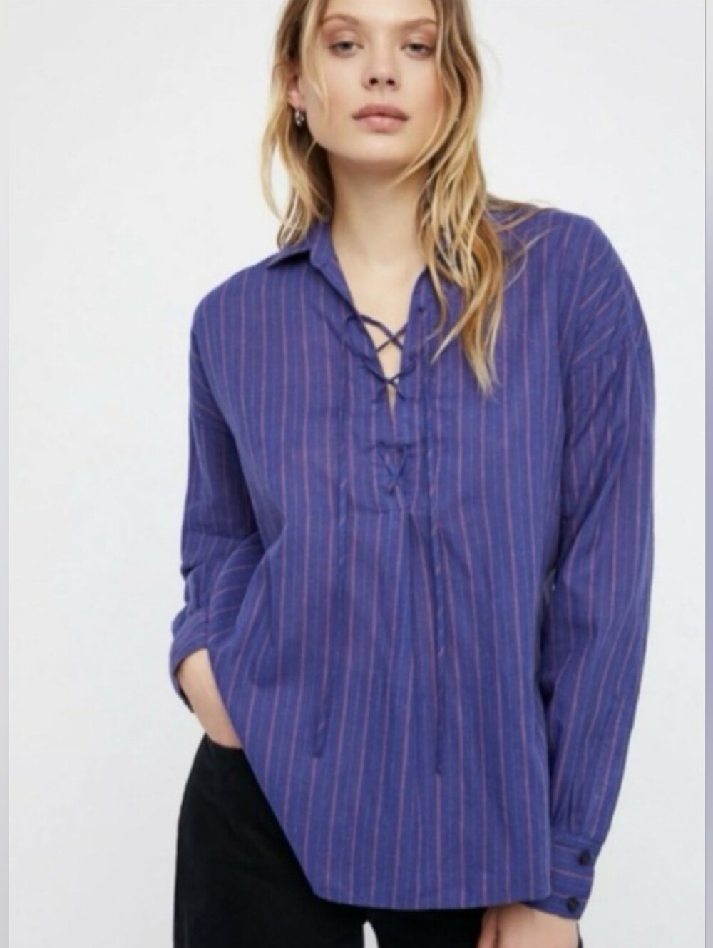 Free People Tunic Size XS Blue Purple Striped Lace Up Neckline Cotton Linen Boho